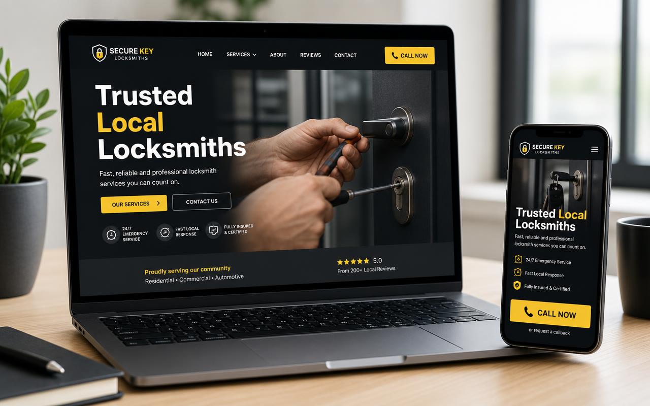 Professional locksmith website displayed across multiple devices.