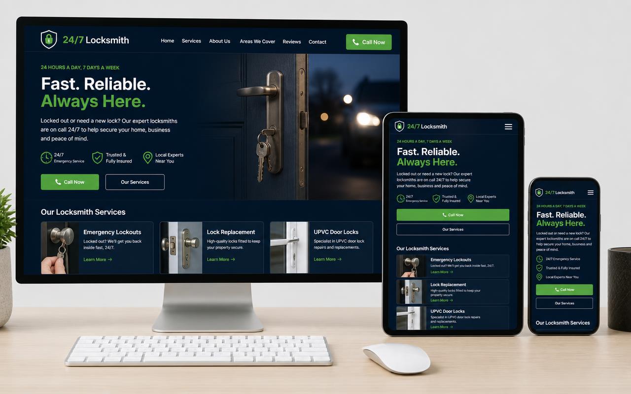 Responsive locksmith website design on desktop and mobile.