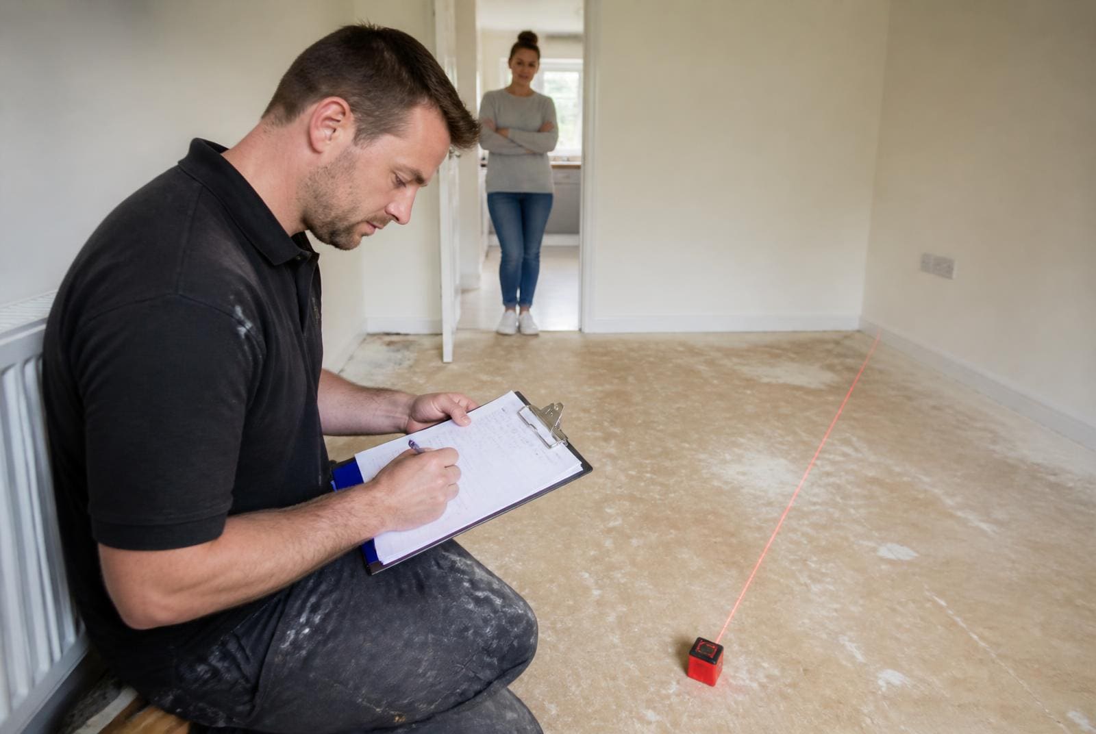 Floor fitter measuring a bare subfloor with a laser measure and writing a quotation on a clipboard while the homeowner watches.