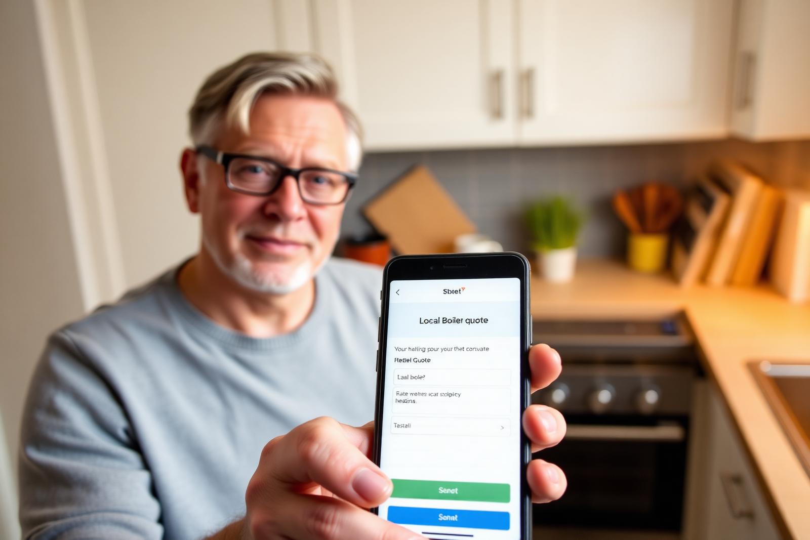 Homeowner in a UK kitchen viewing a local heating company website and boiler quote form on a smartphone.
