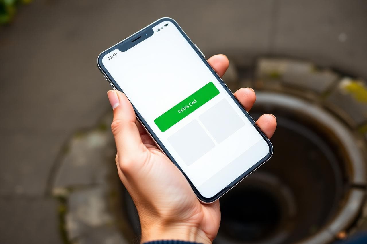 Homeowner viewing a local drainage company website with an emergency call-out button on a smartphone.