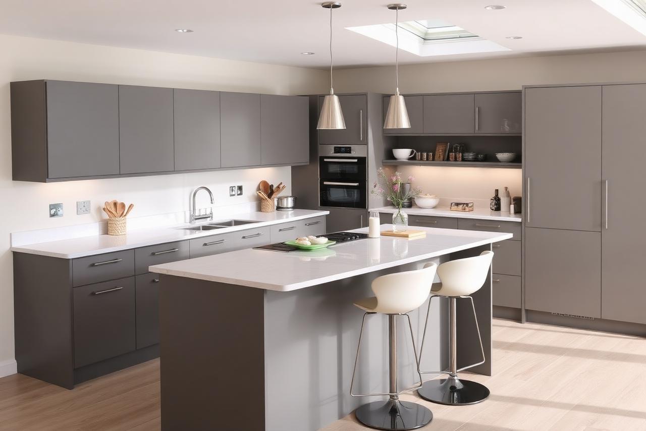 Modern handleless matt grey UK kitchen with a quartz worktop, integrated appliances and breakfast bar stools in bright daylight.