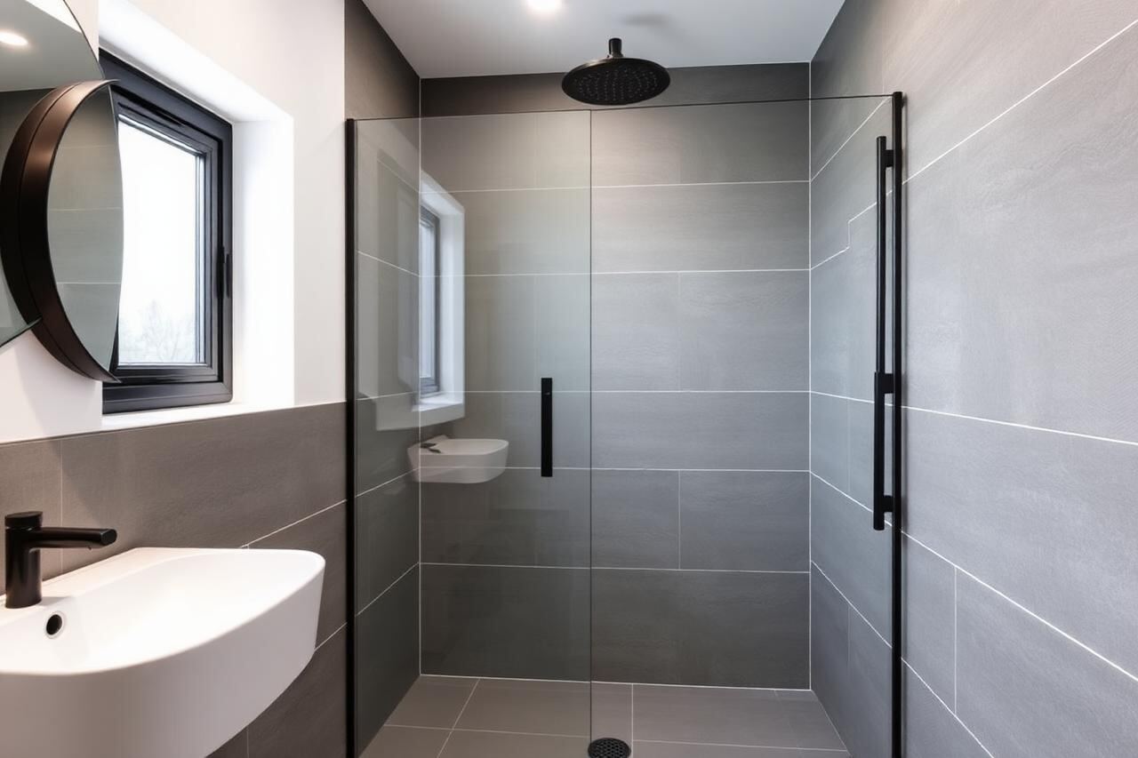 Modern UK wet room with grey porcelain tiles, frameless glass screen, black rainfall shower head and a level access linear drain.