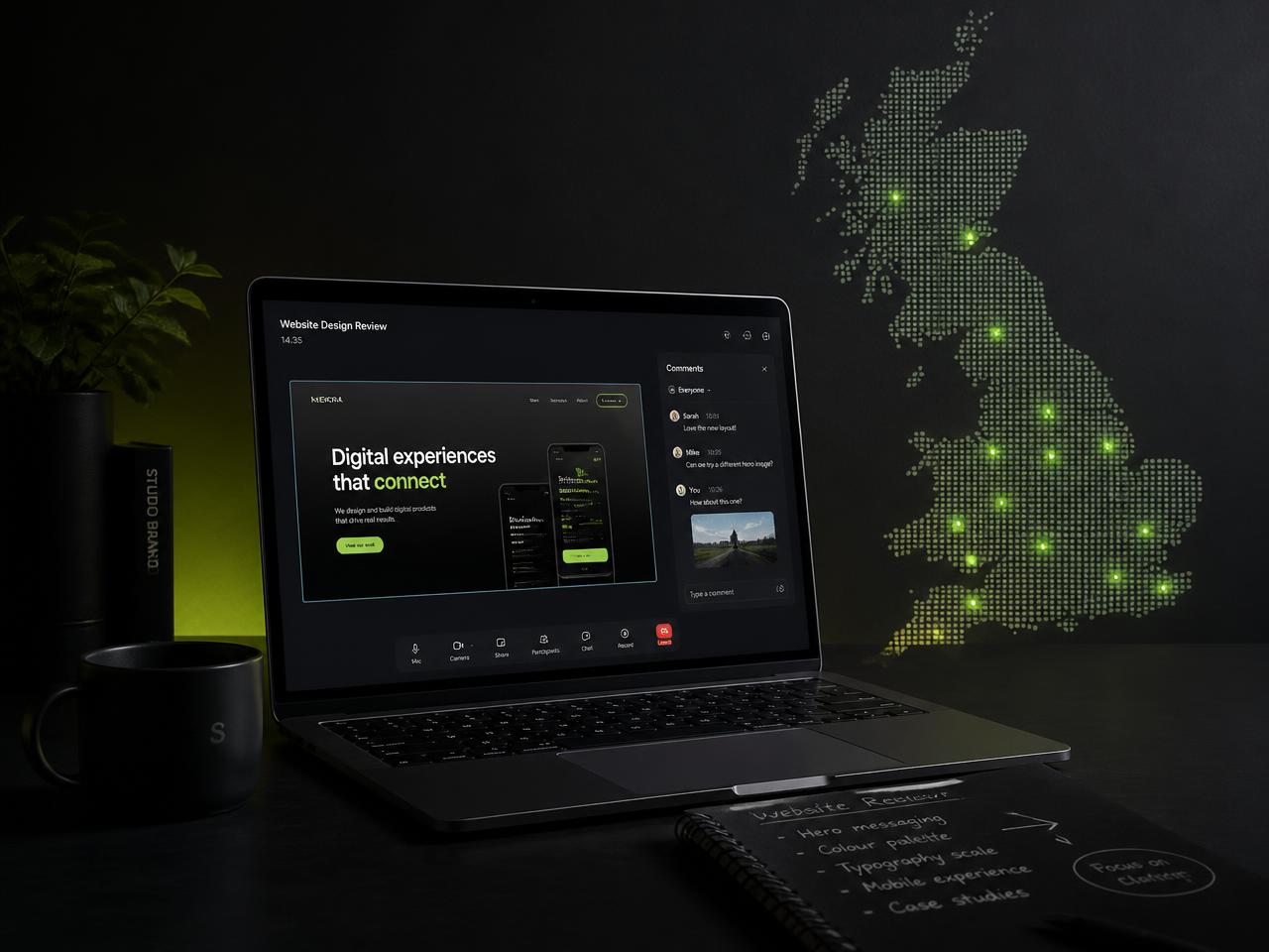 Website design review call on a laptop with a dotted map of the UK behind it