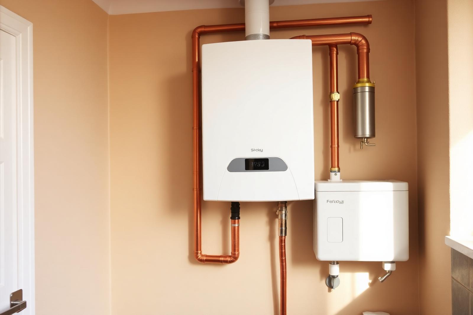 Newly installed white combi boiler with neat copper pipework and a magnetic system filter on a UK utility room wall.
