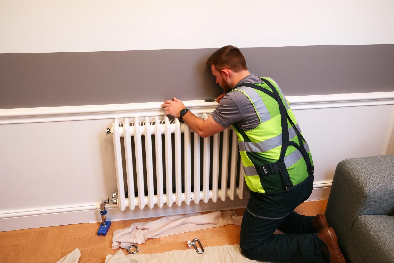 Heating engineer fitting a new white radiator with a chrome thermostatic valve in a freshly decorated UK living room.