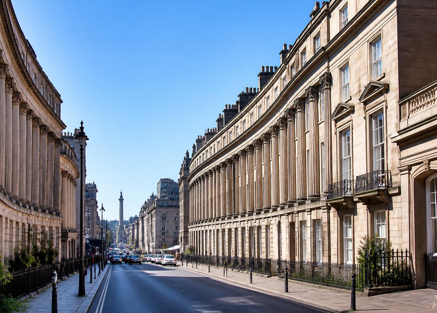 Grey Street in Newcastle with its curved Georgian architecture on a sunny day