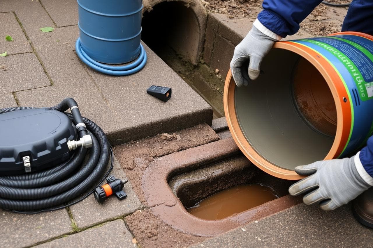 No-dig drain lining and patch repair equipment laid out beside an inspection chamber on a UK property.