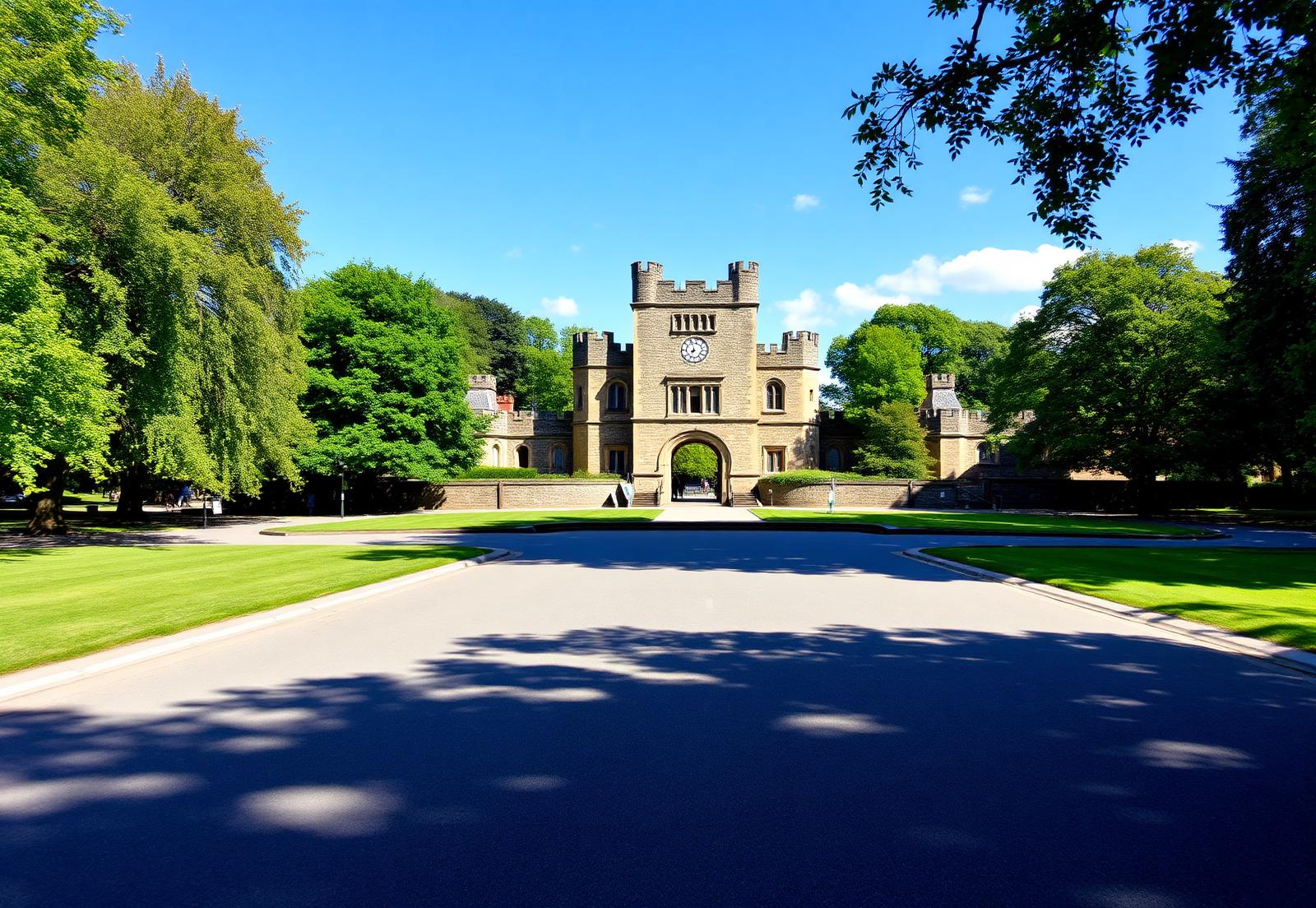 Nottingham Castle gatehouse and surrounding parkland on a sunny day