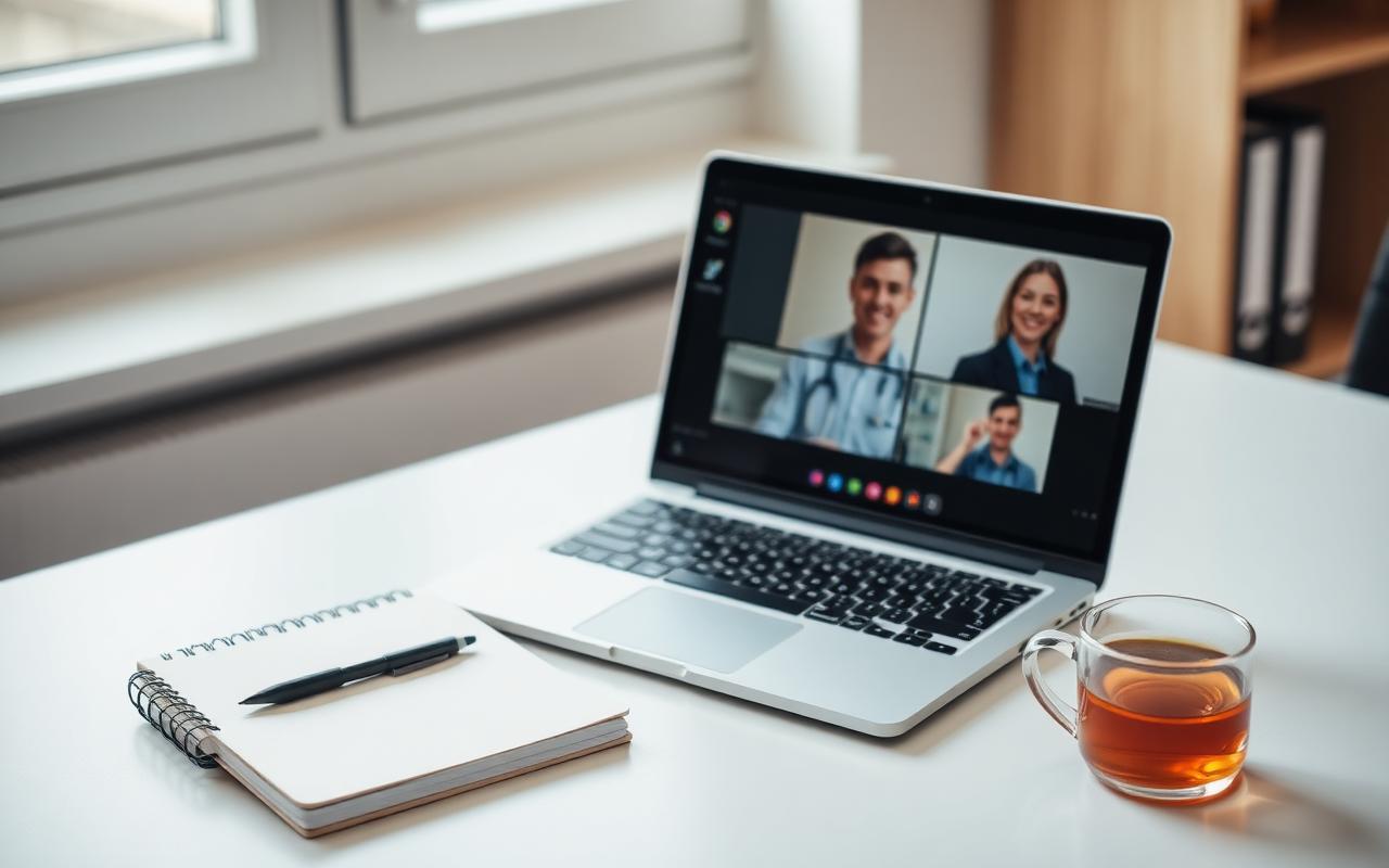 Nutritionist running an online consultation with a client over video call from a home office.