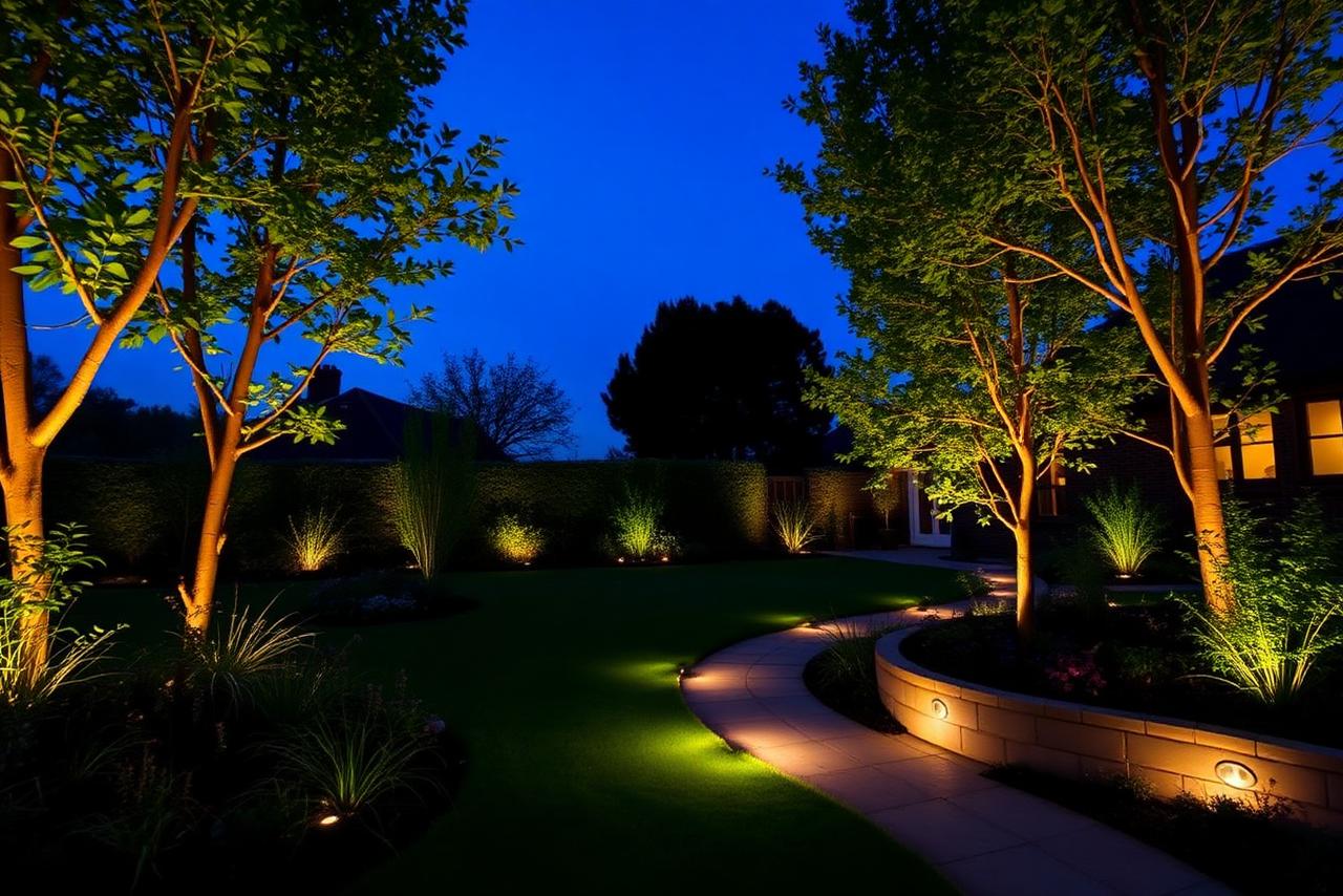 Landscaped UK garden at dusk with warm outdoor lighting, uplighters on trees, recessed path lights and illuminated planting beds under a deep blue sky.