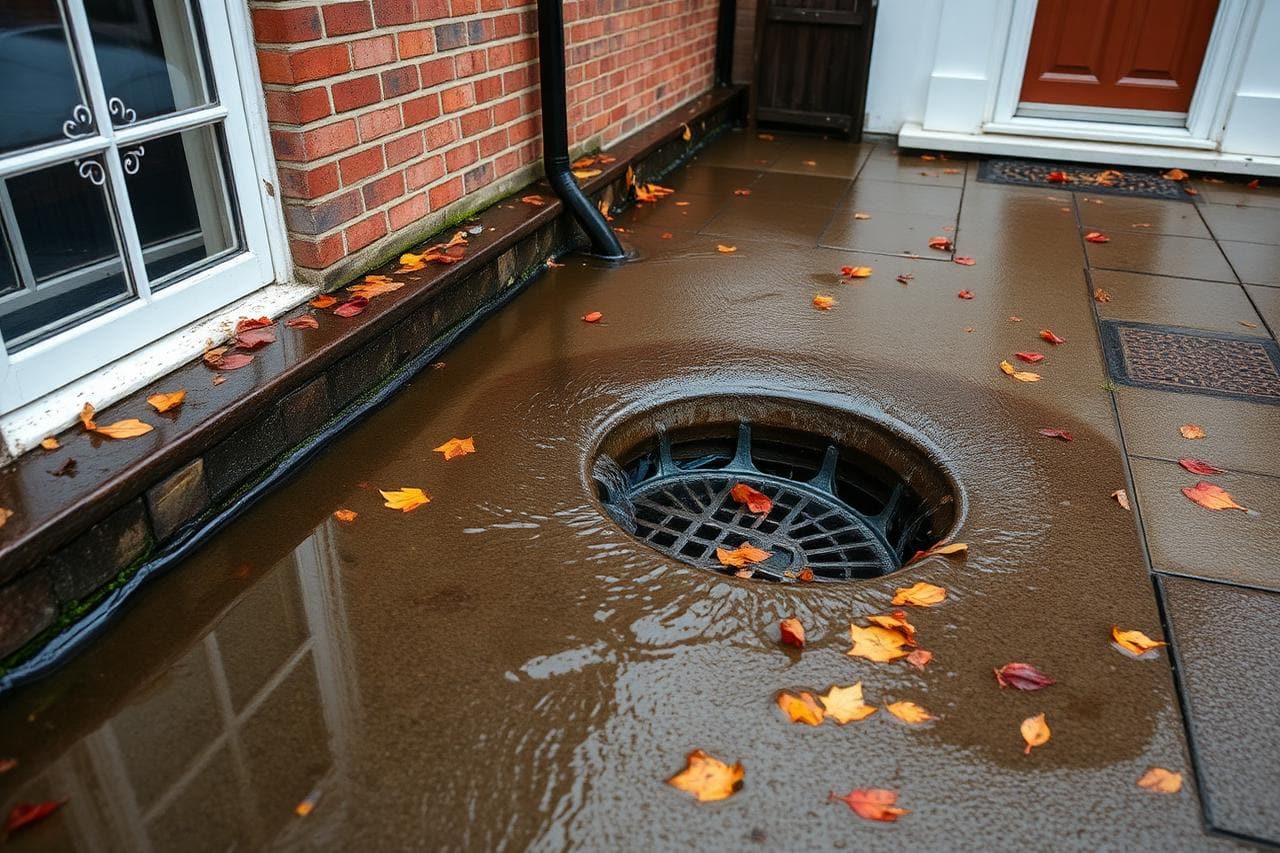 Overflowing outside drain gully with water flooding across a UK patio during heavy rain.