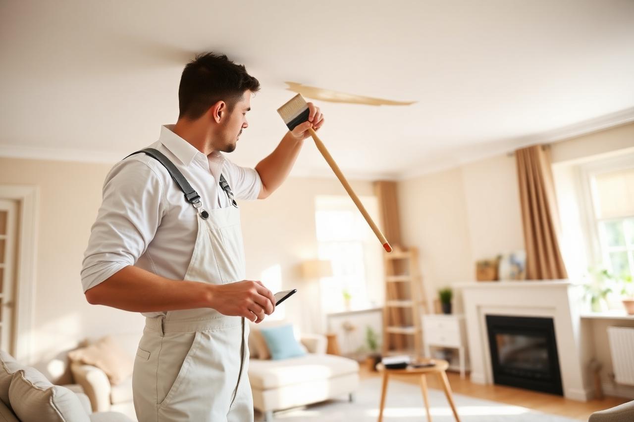 Painter and decorator in white overalls cutting in emulsion along a ceiling line in a bright UK living room.