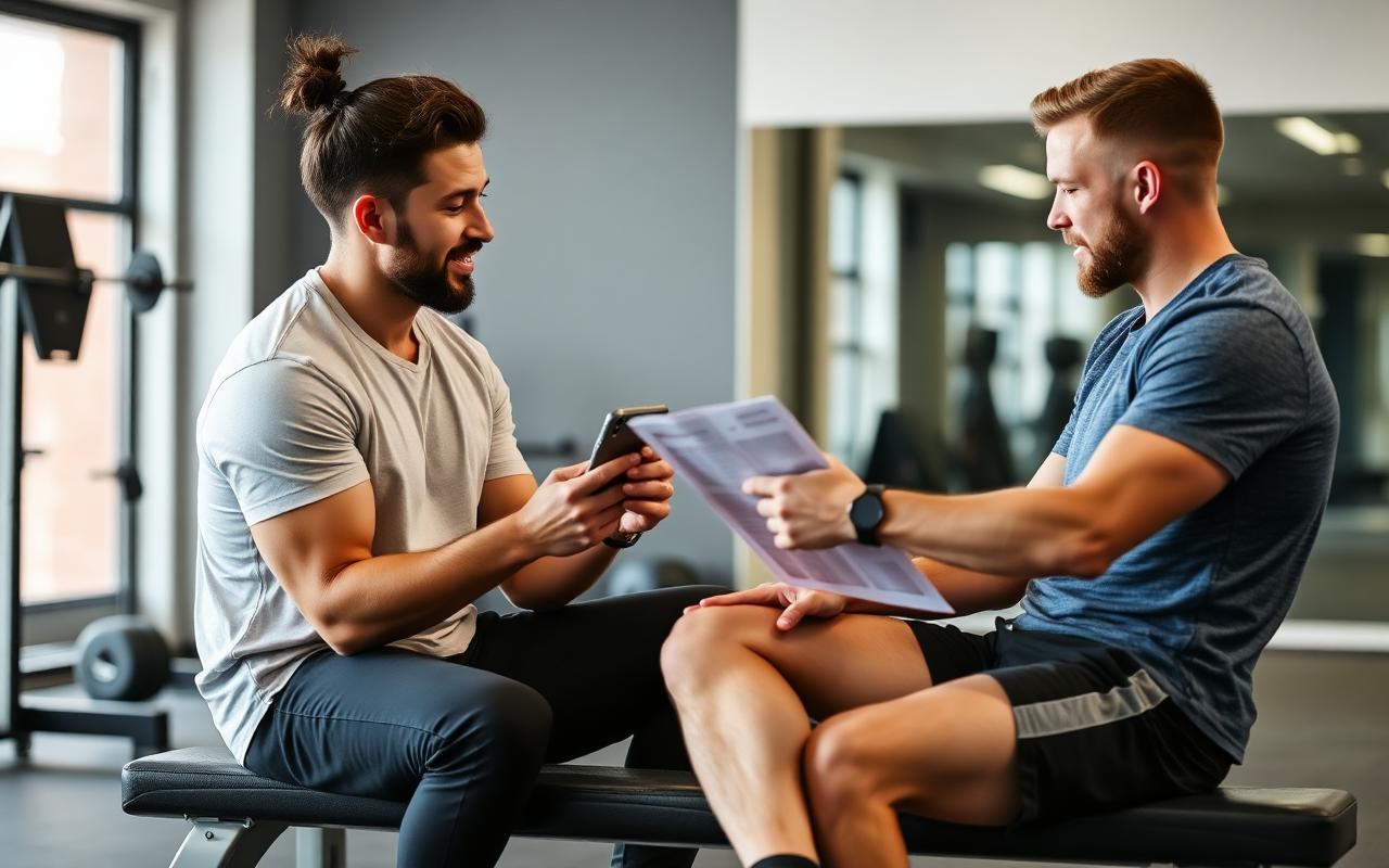 Personal trainer talking through goals with a new client before starting a programme.