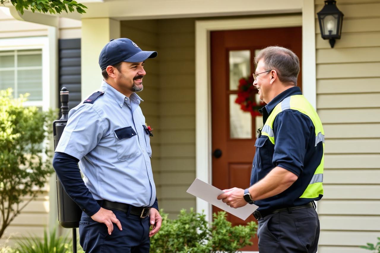 Pest control technician explaining treatment to a customer.