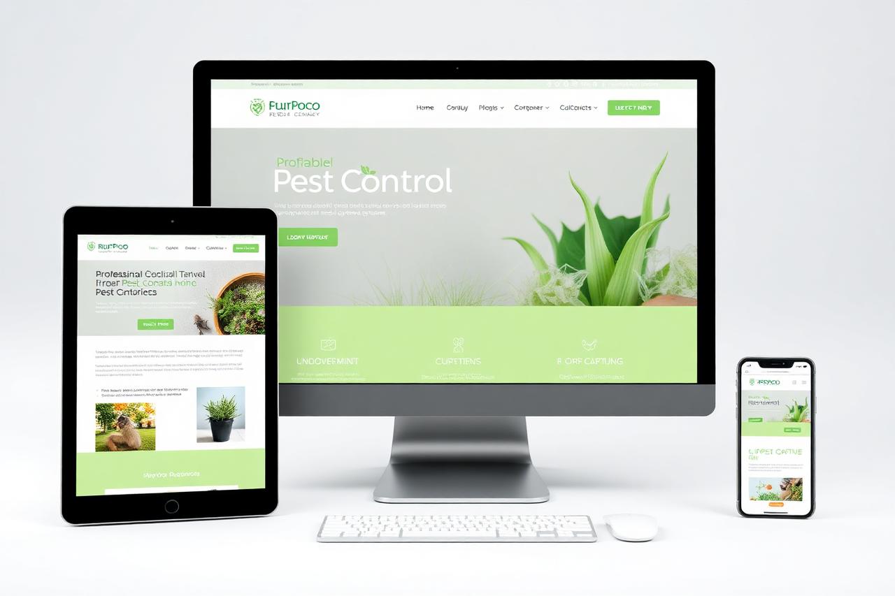 Responsive pest control website design across multiple devices.