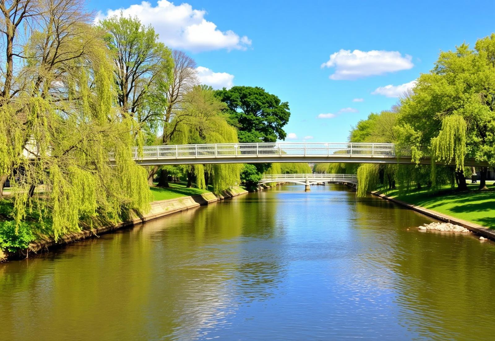 The River Nene and green riverside parkland in Peterborough on a sunny day
