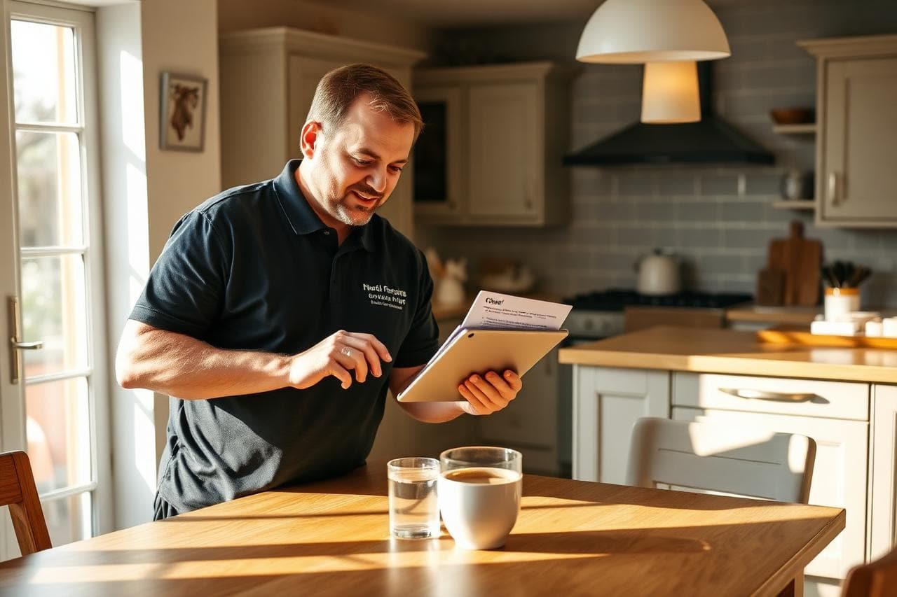 Plastering business owner in a branded polo shirt showing a homeowner a written quote on a tablet at a kitchen table.