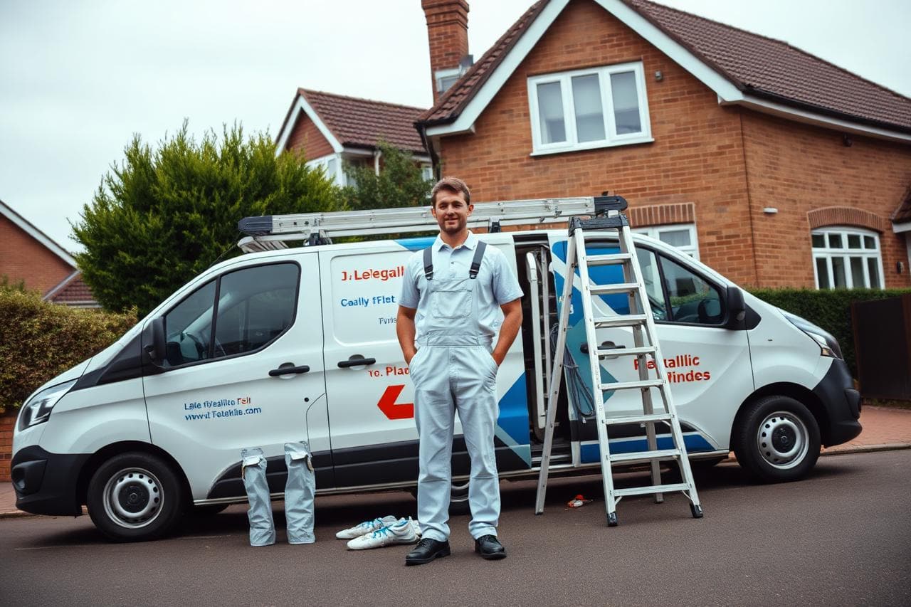 UK plasterer in white overalls standing beside a branded work van with ladders and mixing equipment outside a suburban house.