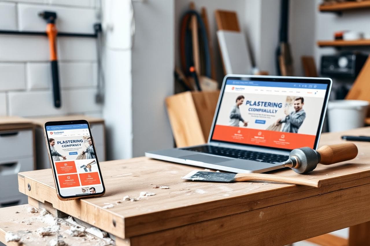Plastering company website shown on a smartphone and a laptop resting on a workbench beside a trowel, hawk and bucket of plaster.