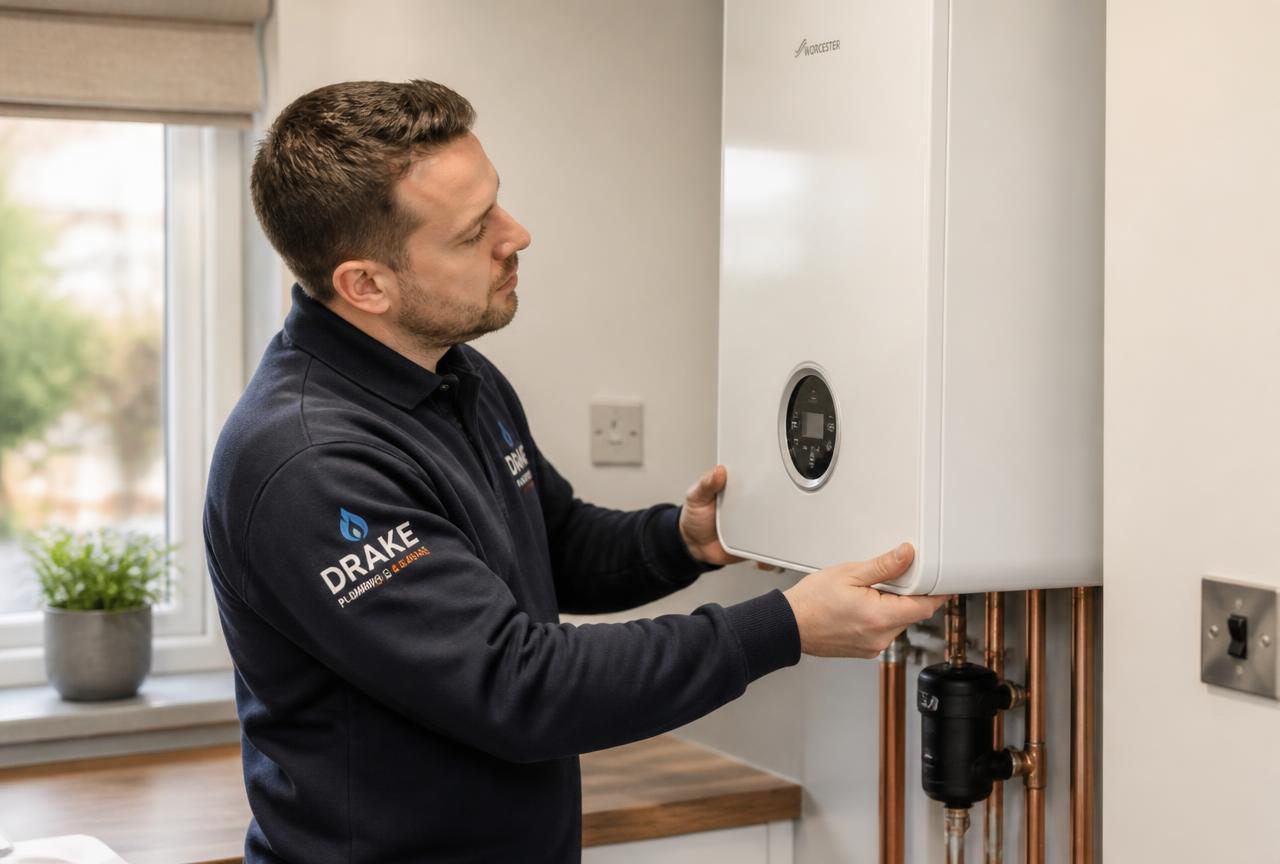Plumber in branded uniform installing a modern combi boiler in a UK home