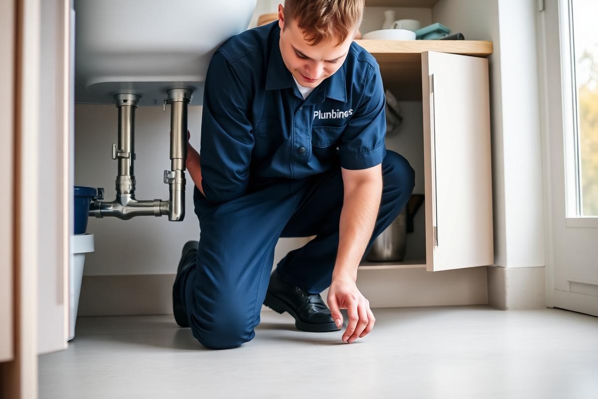 Plumber in branded uniform repairing pipework under a kitchen sink