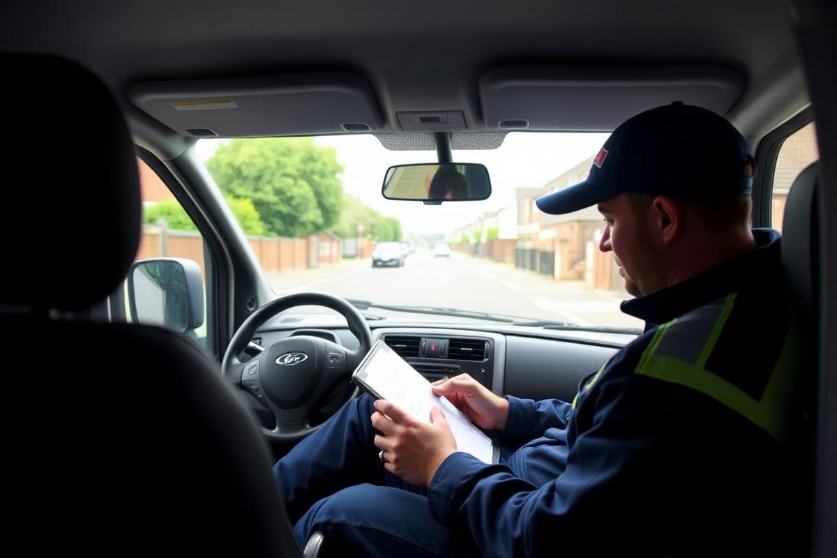 Plumber checking job details on a tablet in the cab of a work van