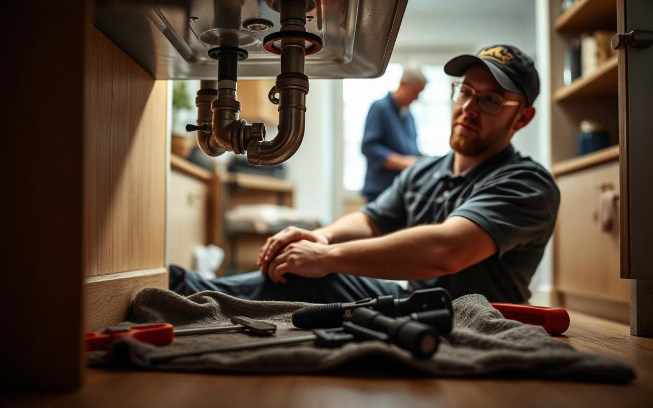 UK plumber repairing pipework under a kitchen sink with tools laid out on a cloth and the homeowner in the background.