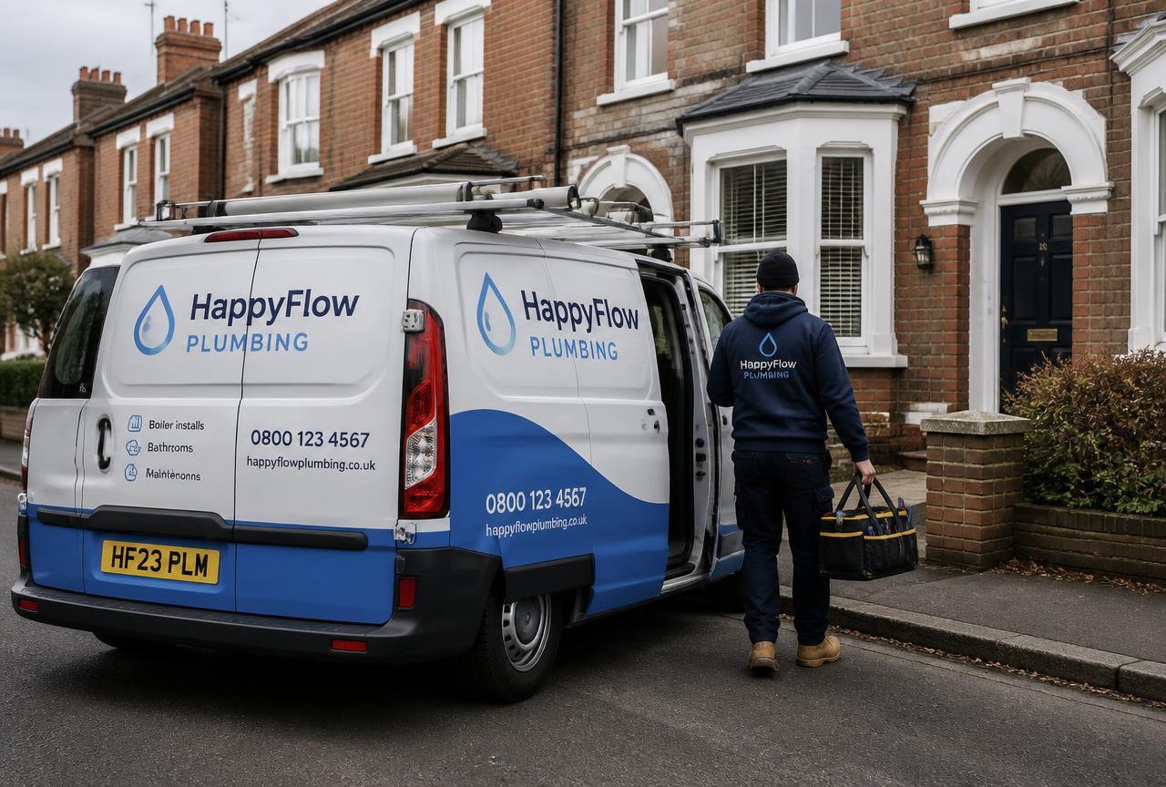 Branded plumbing van parked outside a UK terraced house as the plumber arrives for a call-out