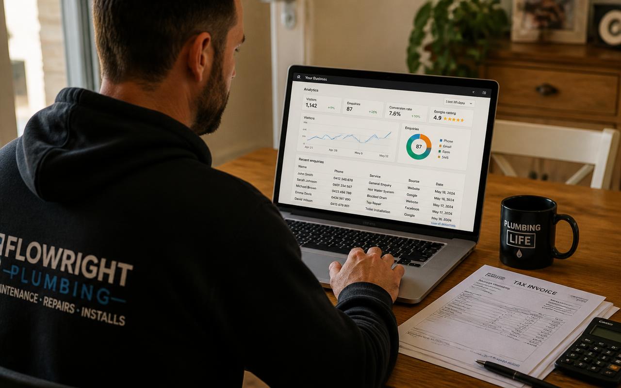 Plumber reviewing local SEO performance and enquiries on a laptop