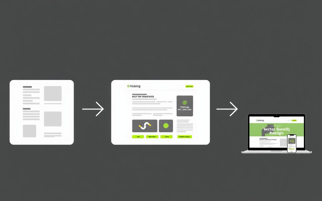 Diagram of the plumbing website design process from wireframe to finished responsive site