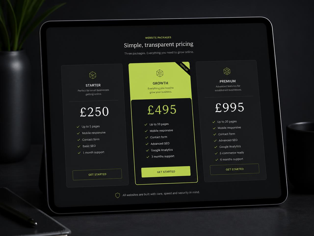 Three website design packages shown on a tablet with prices in pounds