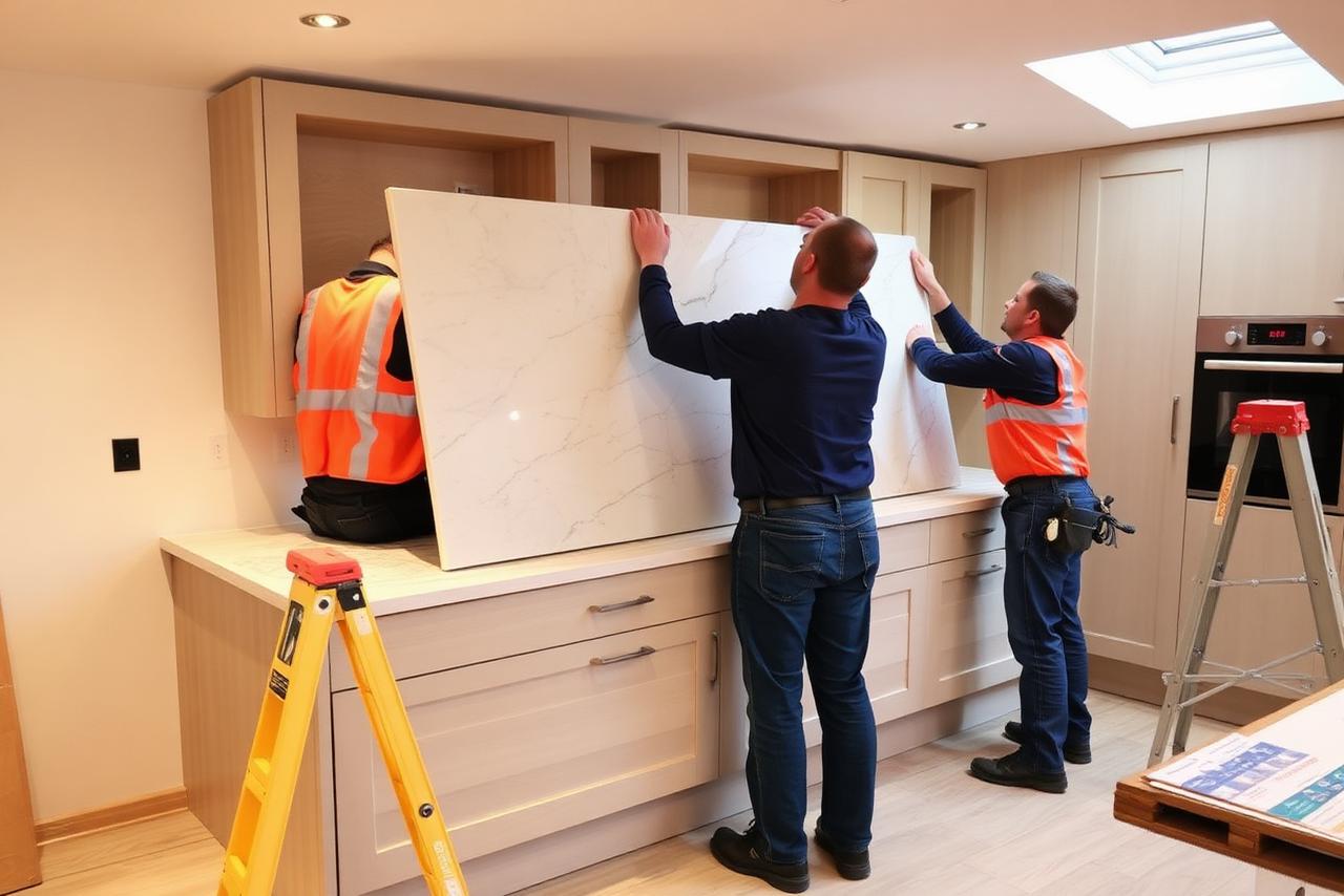 Two fitters carefully lowering a quartz worktop slab onto newly installed kitchen base units in a UK kitchen mid-installation.