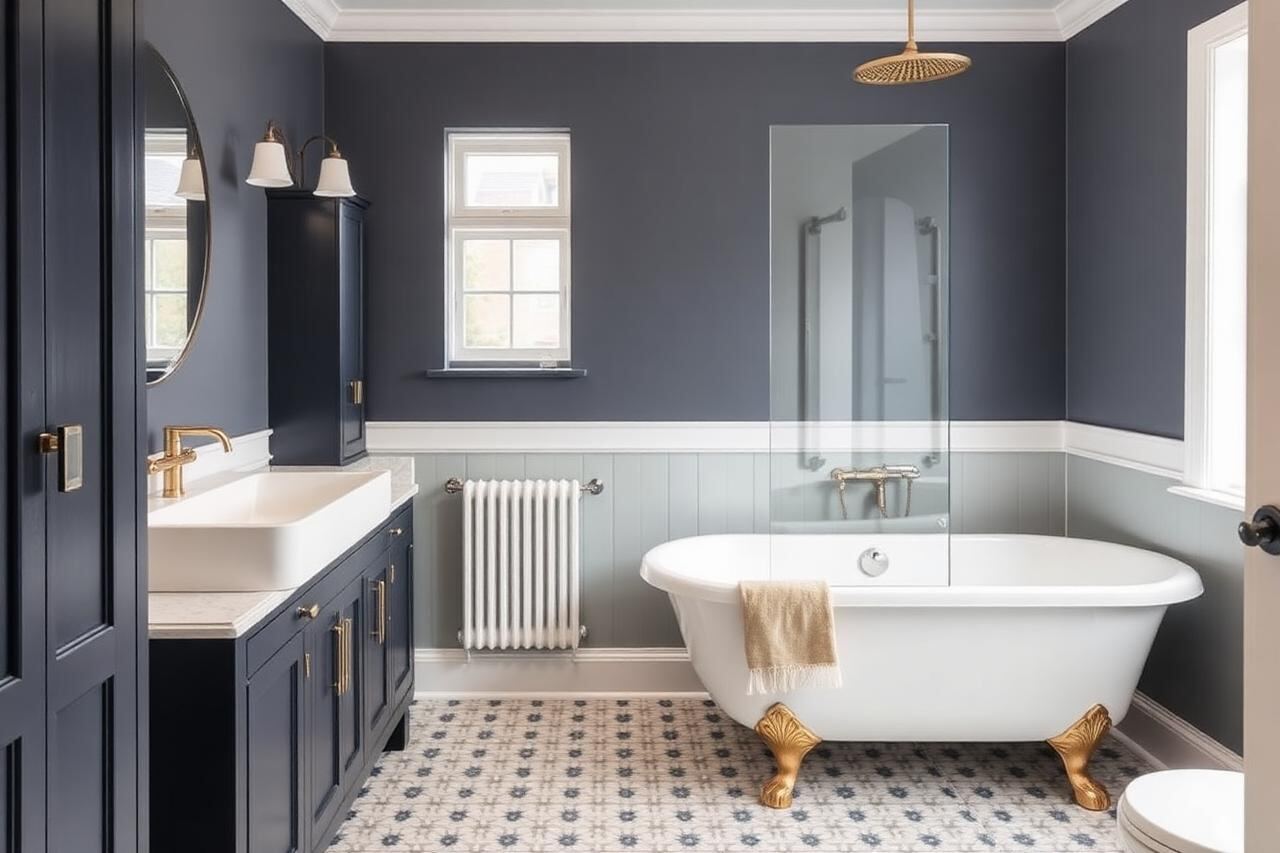 Newly refurbished UK family bathroom with navy panelled vanity, freestanding bath, patterned floor tiles and brushed brass brassware.