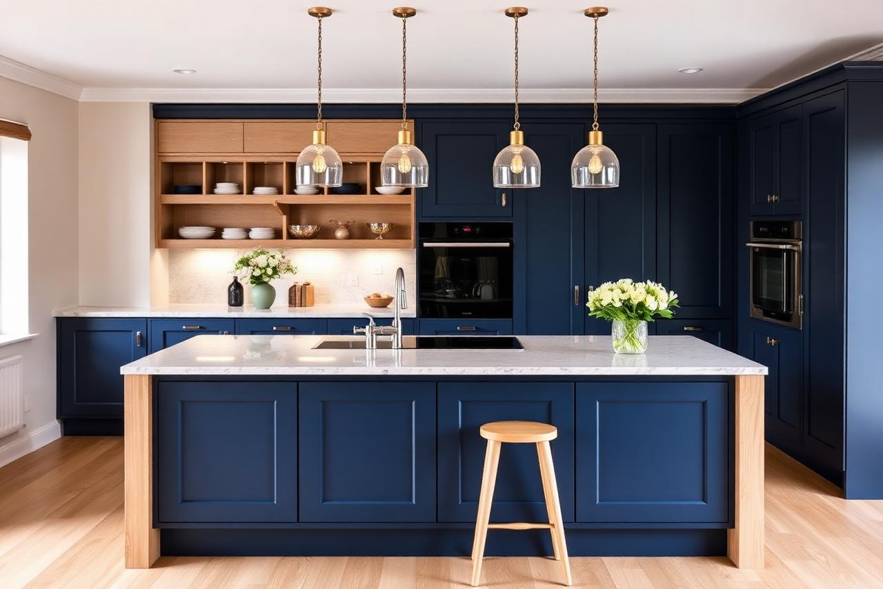 Newly finished navy and oak UK kitchen after renovation with an island, quartz worktop and glass pendant lighting above.