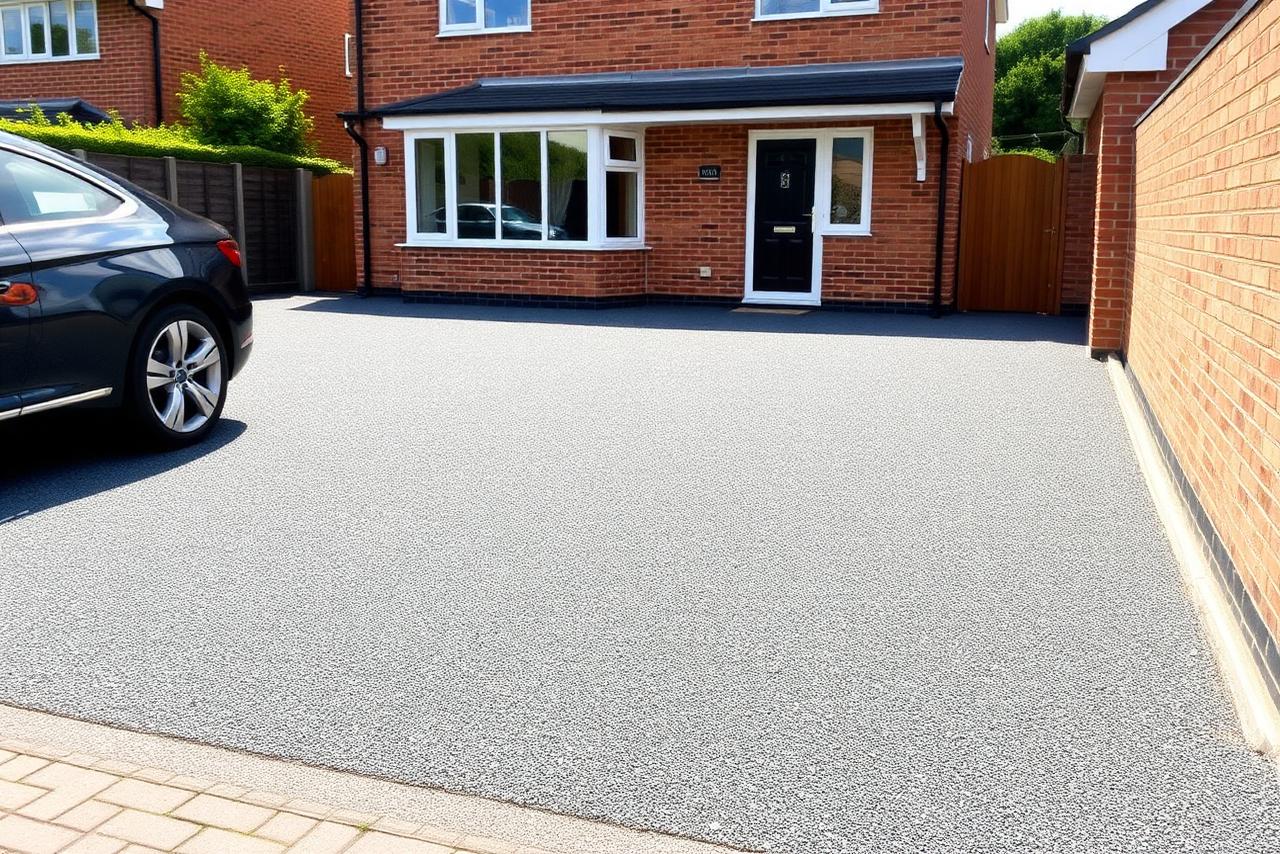 Freshly installed grey resin bound driveway in front of a modern UK detached house with a car parked on the smooth seamless surface.