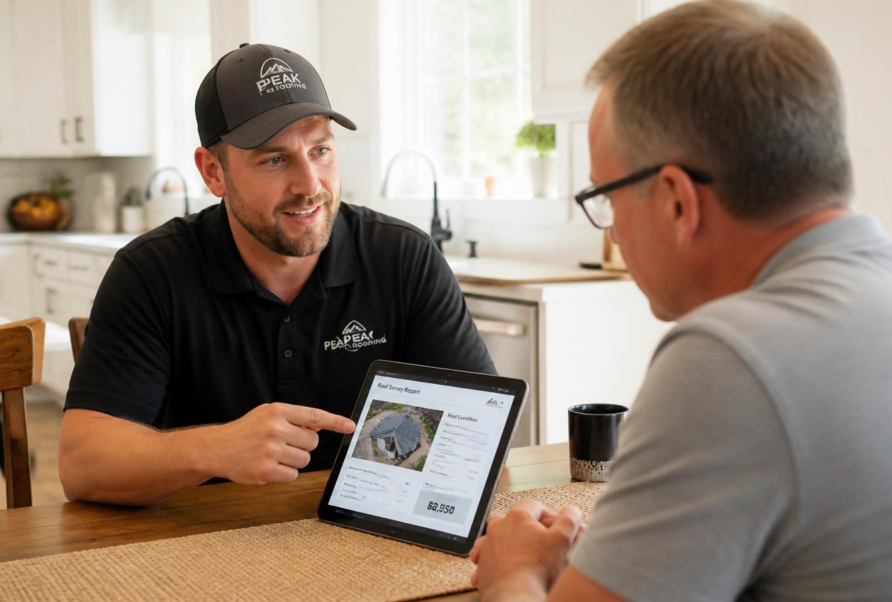 Roofing company owner in a branded polo shirt showing a homeowner a roof survey report and quote on a tablet at a kitchen table.