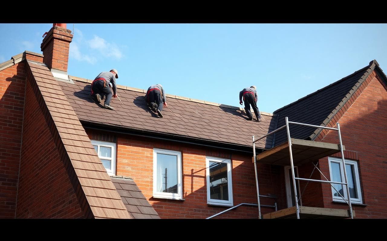 UK roofers laying tiles on a pitched roof with scaffolding around a red brick house under a blue sky.