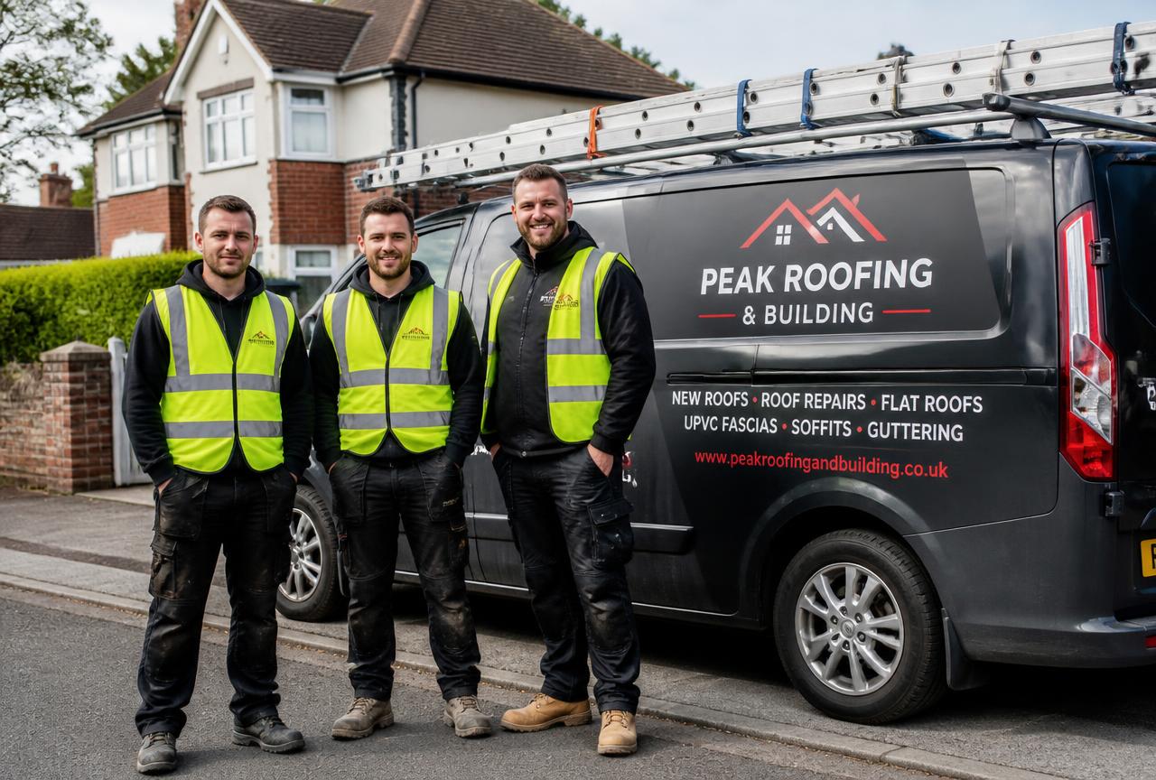Three roofers in high-visibility workwear standing beside a branded roofing van with ladders on the roof rack outside a UK house.