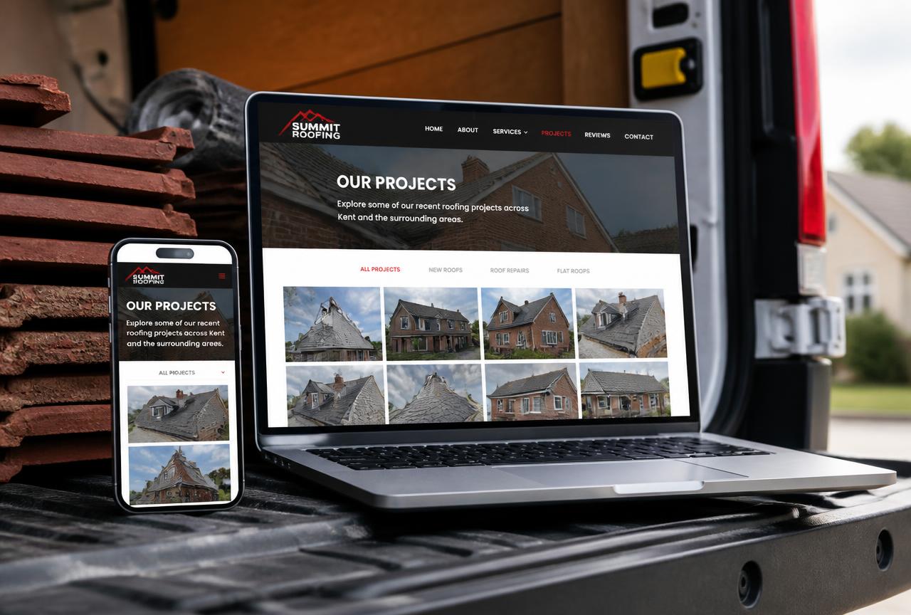 Roofing company website shown on a phone and laptop resting on a van tailgate beside a stack of roof tiles.