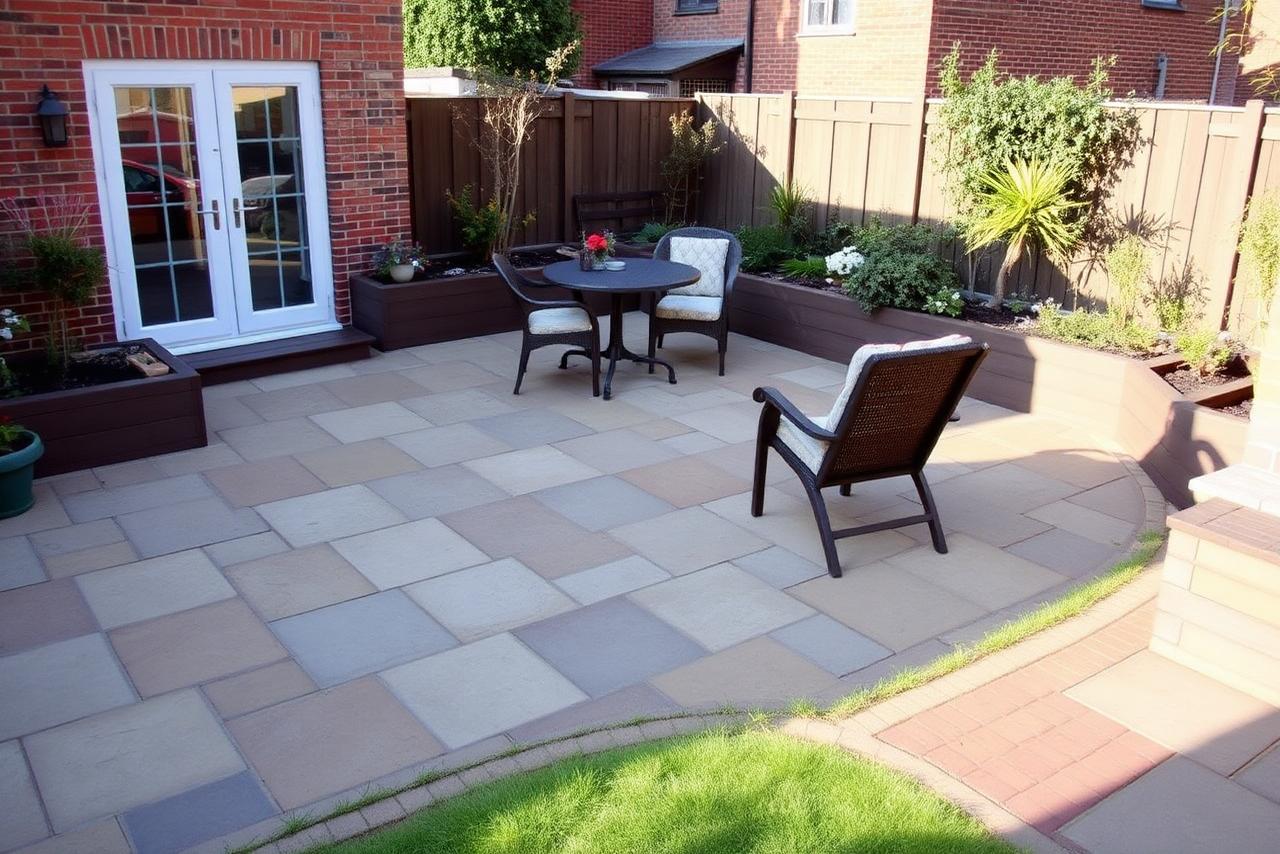 Newly laid Indian sandstone patio in a UK back garden with garden furniture, raised sleeper beds and planting in warm late afternoon light.