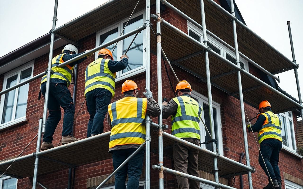 UK scaffolders in hi-vis erecting tube and board scaffolding around a British house.