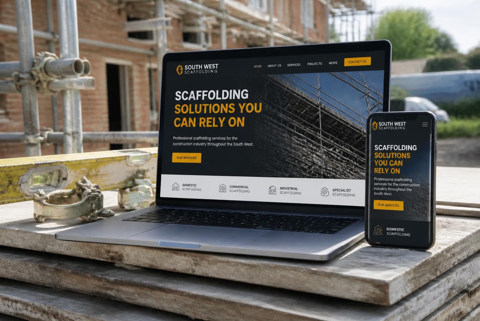 Scaffolding company website shown on a smartphone and laptop resting on a stack of scaffold boards beside fittings and a spirit level.