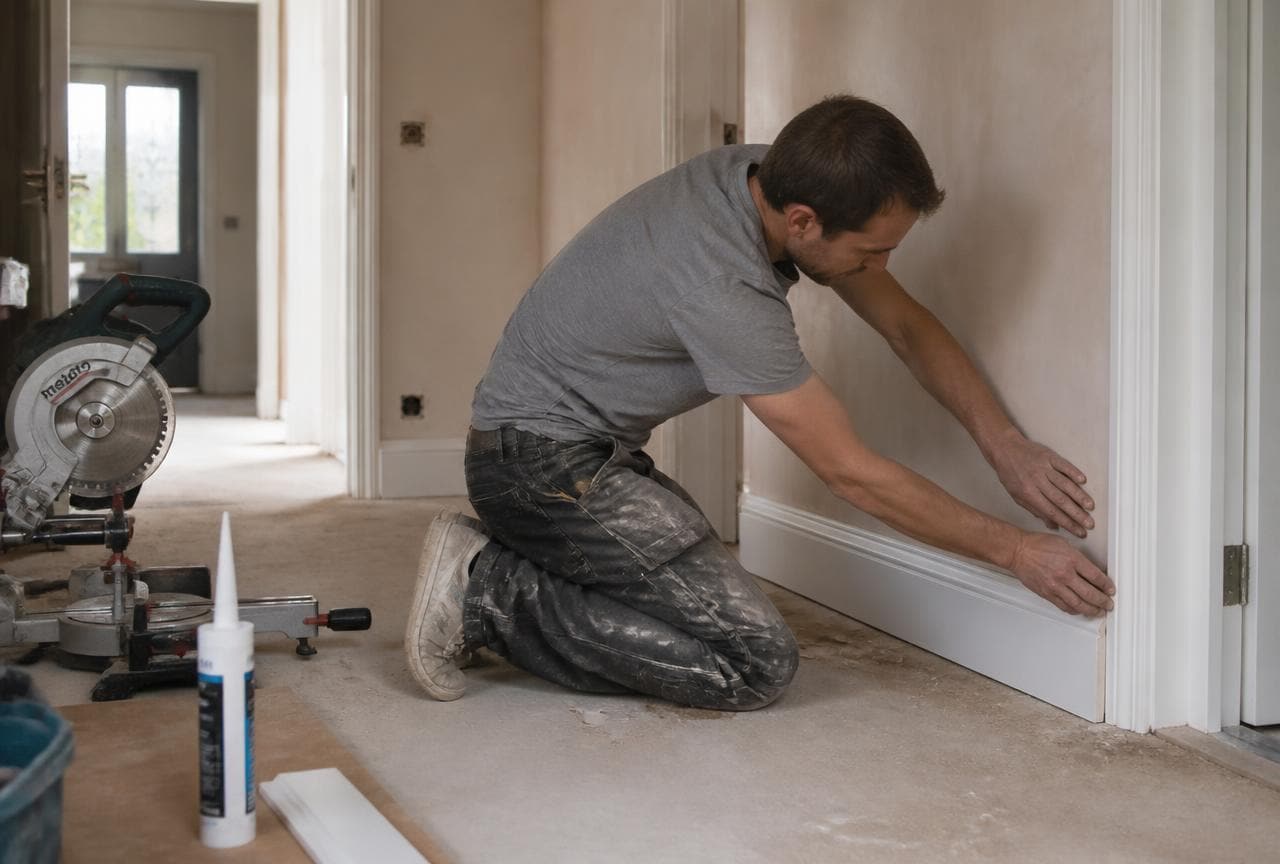 Carpenter fitting white painted skirting board and architrave in a freshly plastered UK hallway with a mitre saw alongside.