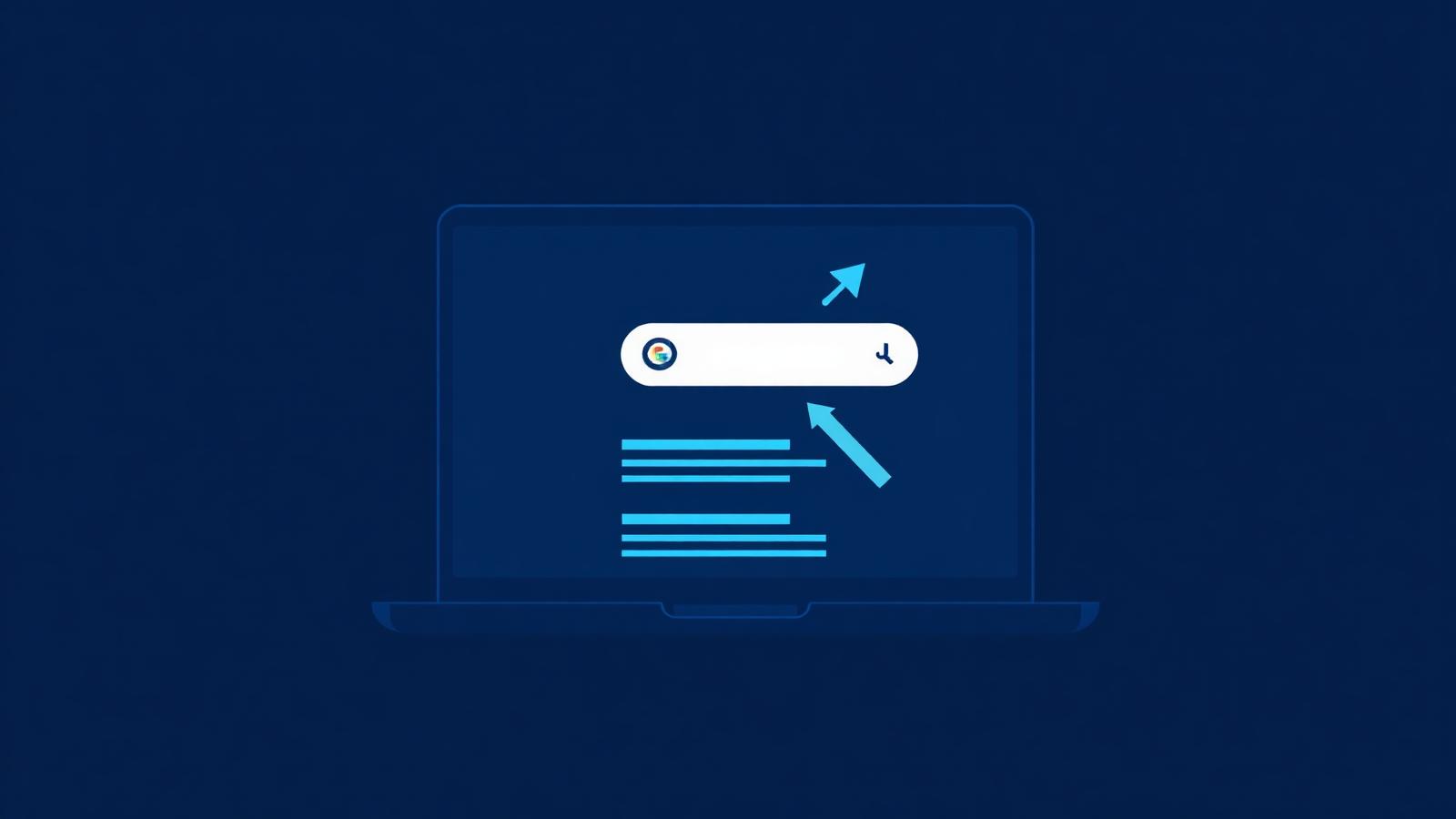 Illustration of a laptop screen with a Google search bar and upward trending arrow representing SEO growth