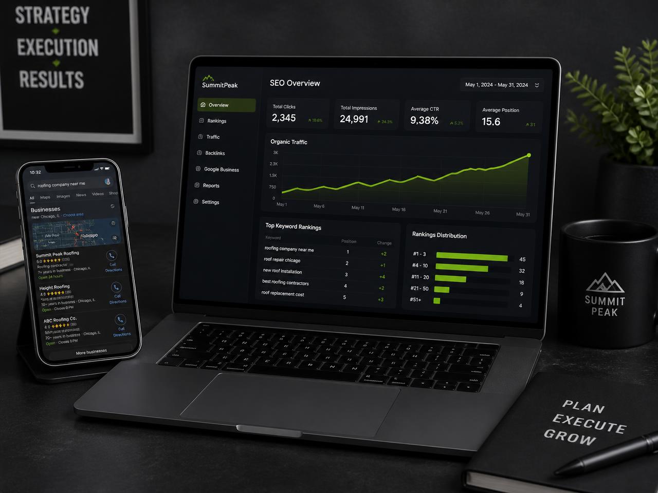 SEO dashboard on a laptop showing rising organic traffic and local search results on a phone