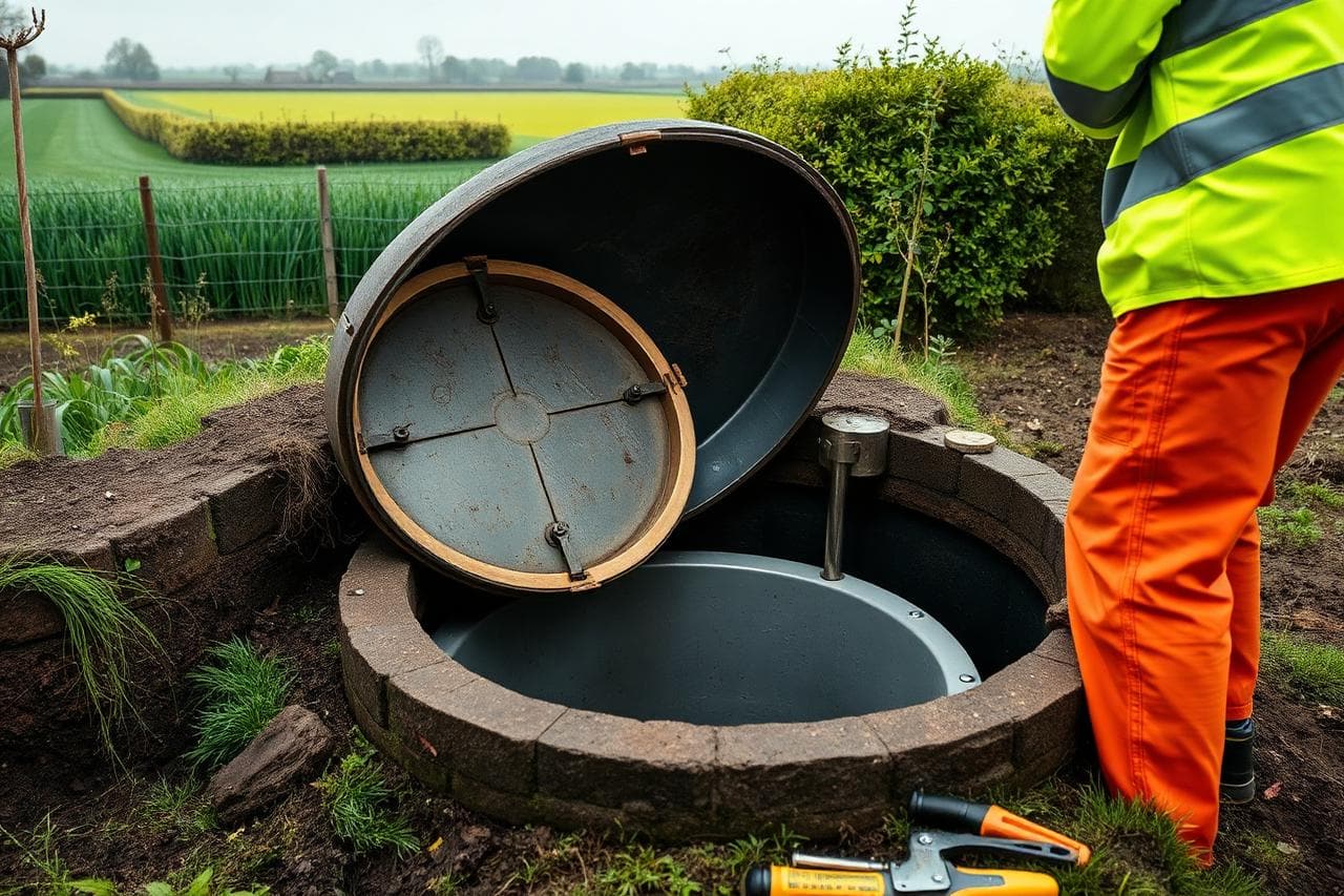 Engineer inspecting a rural septic tank and sewage treatment plant beside a UK countryside property.