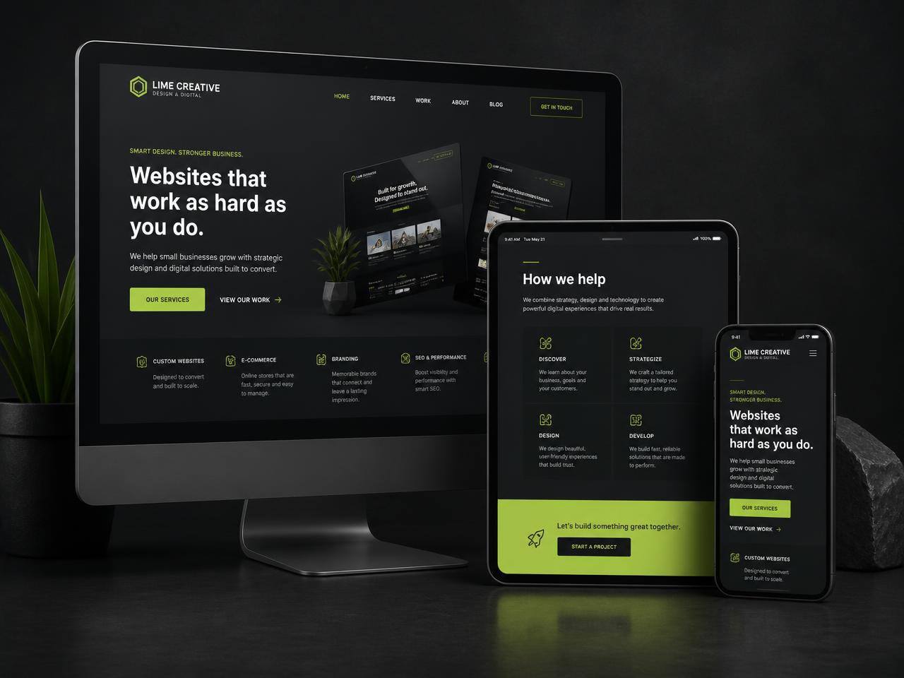 Responsive business website shown on a desktop monitor, tablet and smartphone