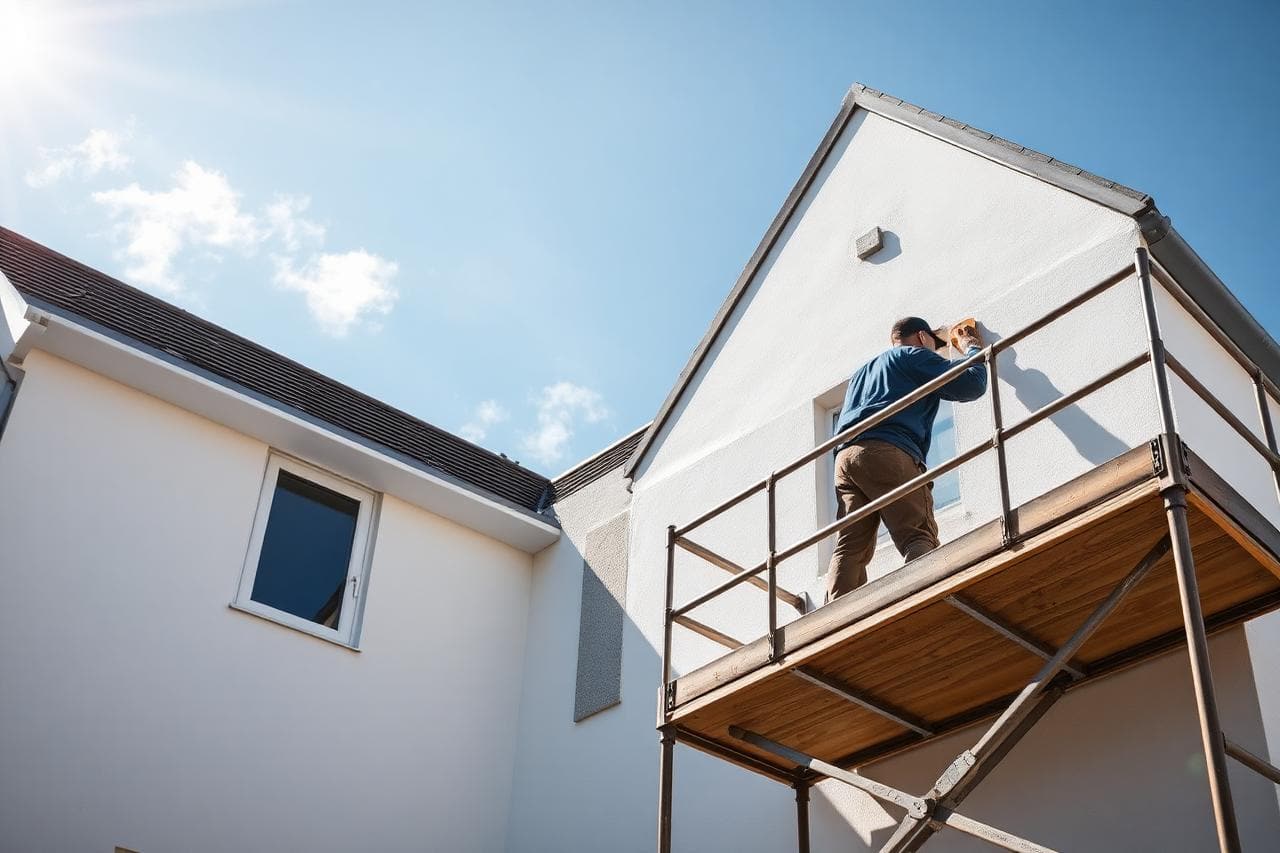 Renderer applying white silicone render to the external gable wall of a UK house from a scaffold tower on a sunny day.