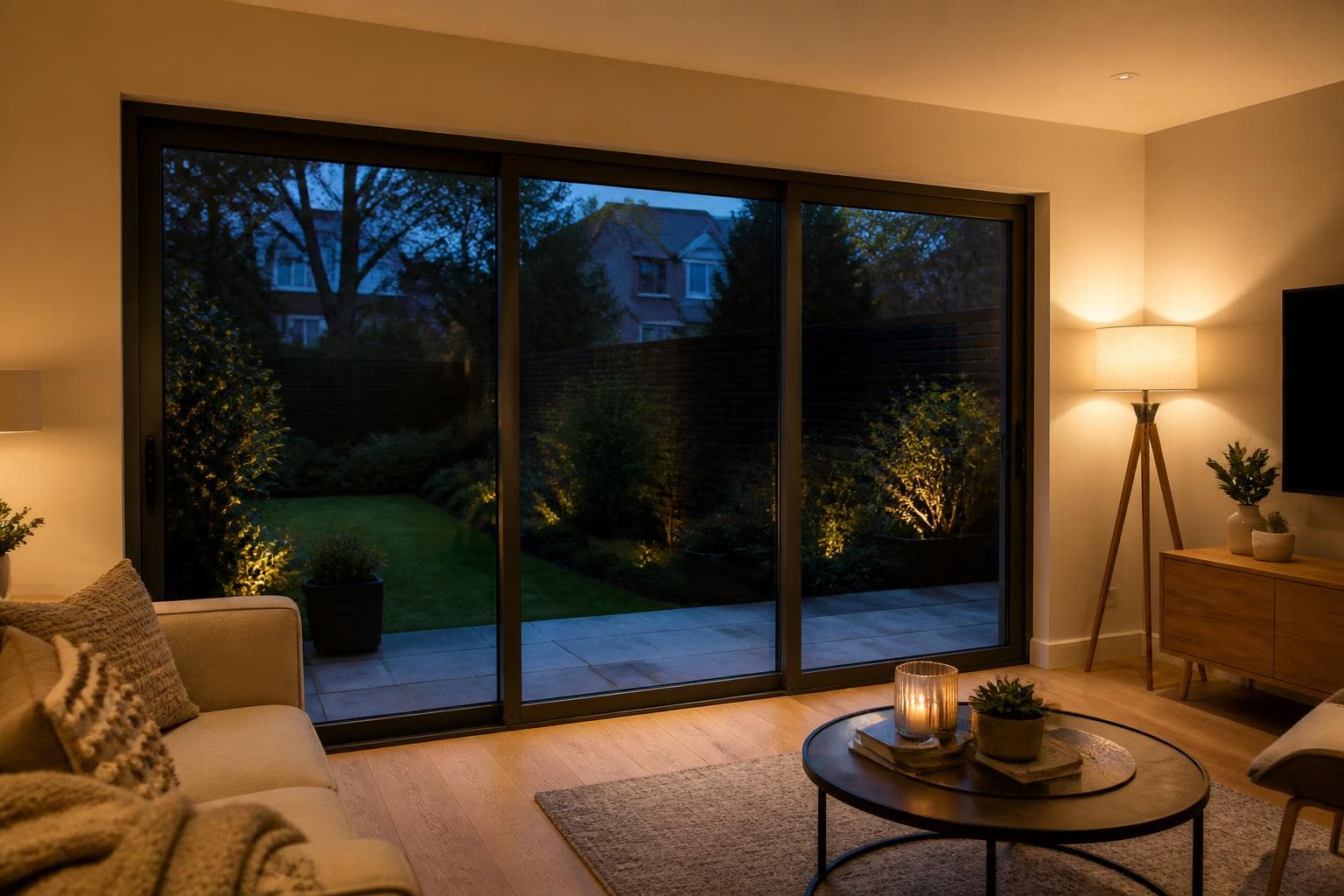 Large slim-frame sliding patio doors in a modern UK living room looking out over a lit garden at dusk.